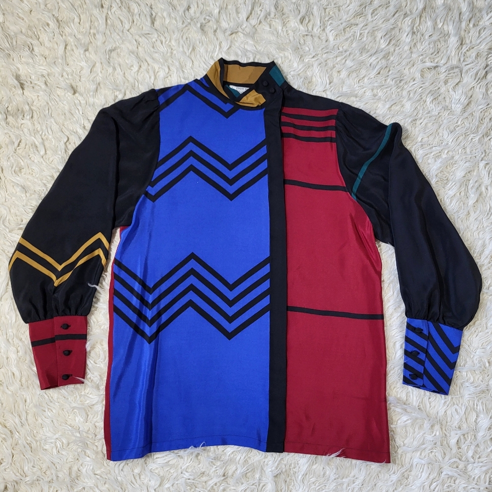Vintage 80s Dianne B, Cygne Design Silk Blouse Multicolors Shirt Size 8 / 38